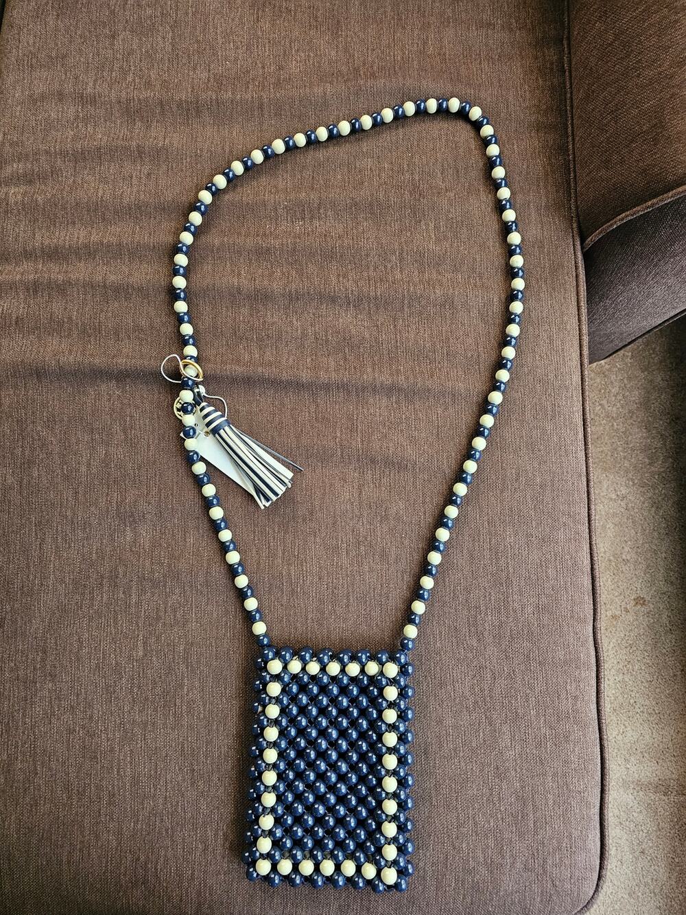 Tory Burch Beaded Pouch Crossbody Bag Navy Cream Pearl Strap Tassel NWT
